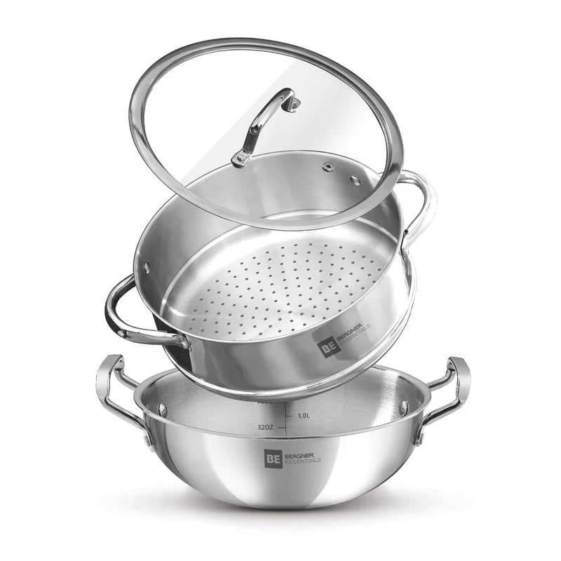 BE Essentials TriPly Stainless Steel Kadai with Steamer 3 Pcs Set
