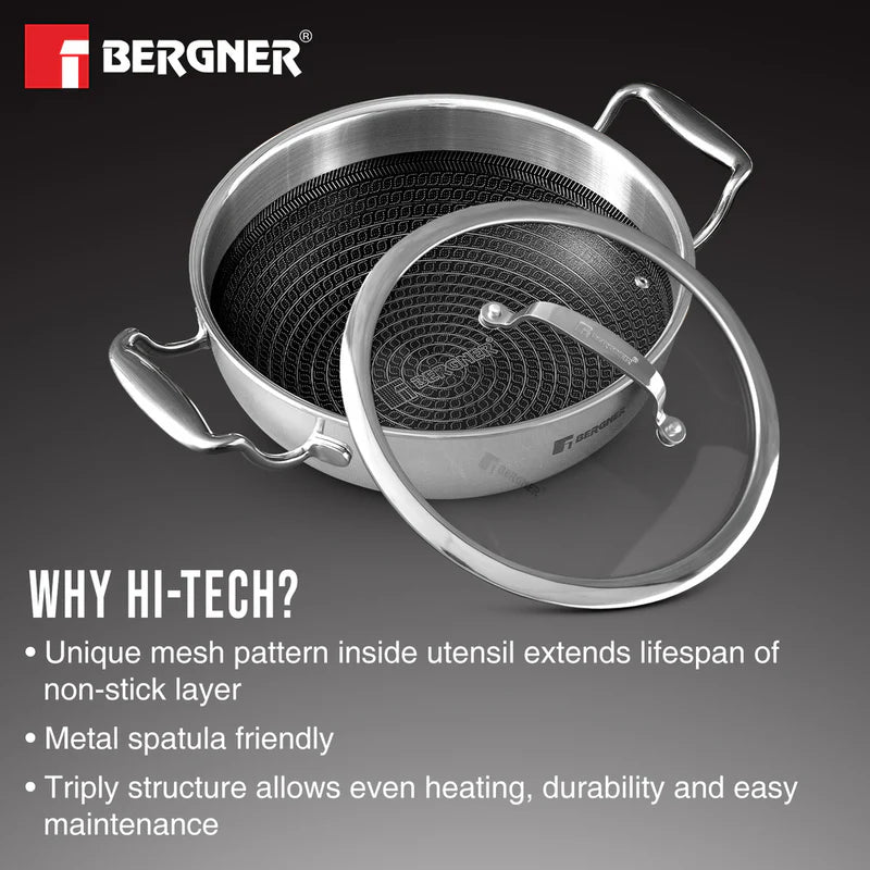 Hitech Tri-Ply Stainless Steel Non-Stick Kadhai - Induction Bottom 26cm 3.9L