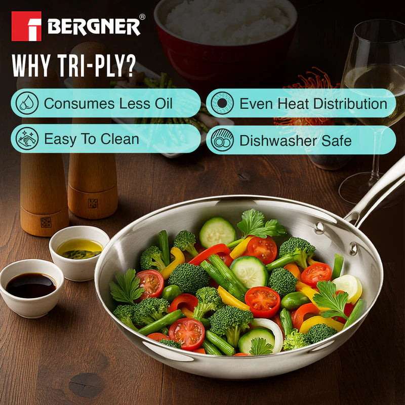 Argent Tri-Ply Stainless Steel Frypan, Less Oil Use, Healthy Cooking