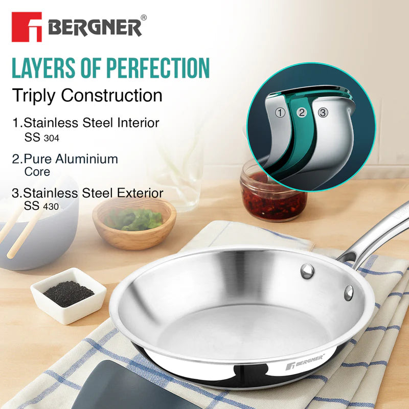 Argent Tri-Ply Stainless Steel Frypan, Less Oil Use, Healthy Cooking