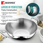 Argent Tri-Ply Stainless Steel Deep Kadai - Induction Bottom 34cm 9.1L