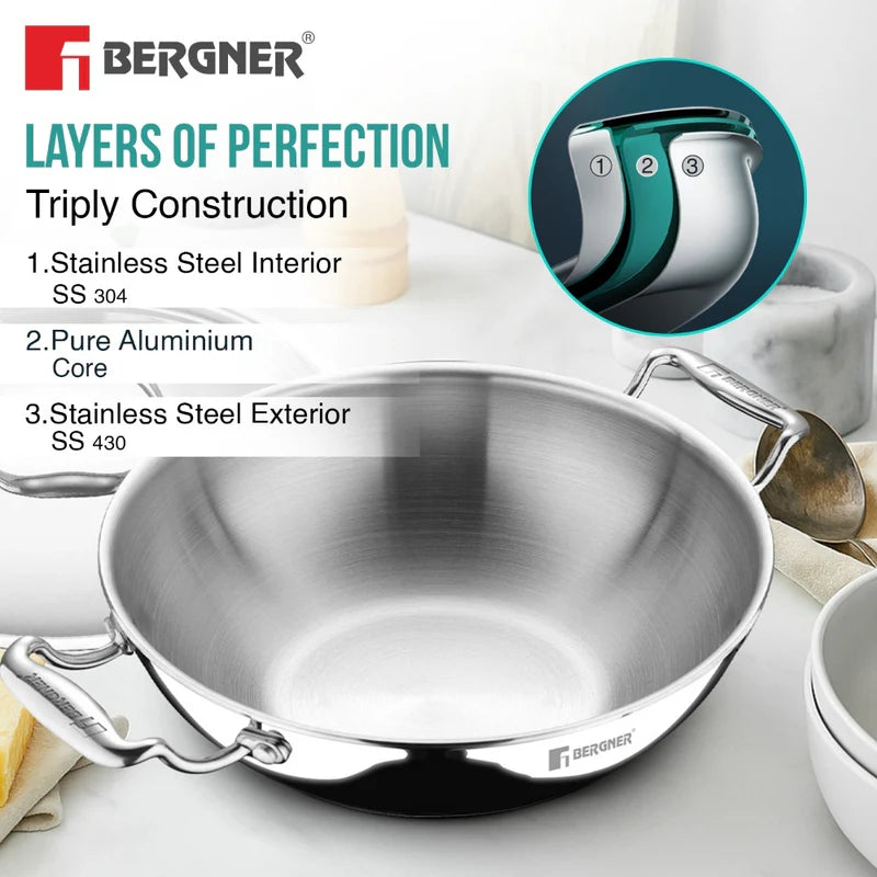 Argent Tri-Ply Stainless Steel Deep Kadai - Induction Bottom 34cm 9.1L