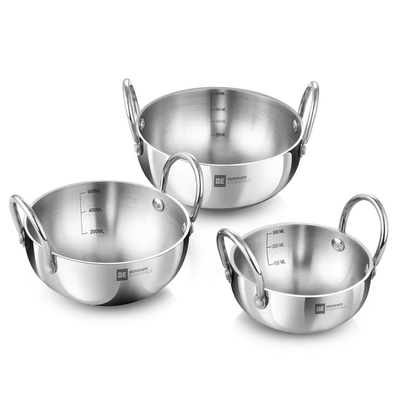 BE Essentials Tri-Ply Stainless Steel Junior Kadai Set of 3 Pcs - Gas Stove Compatible