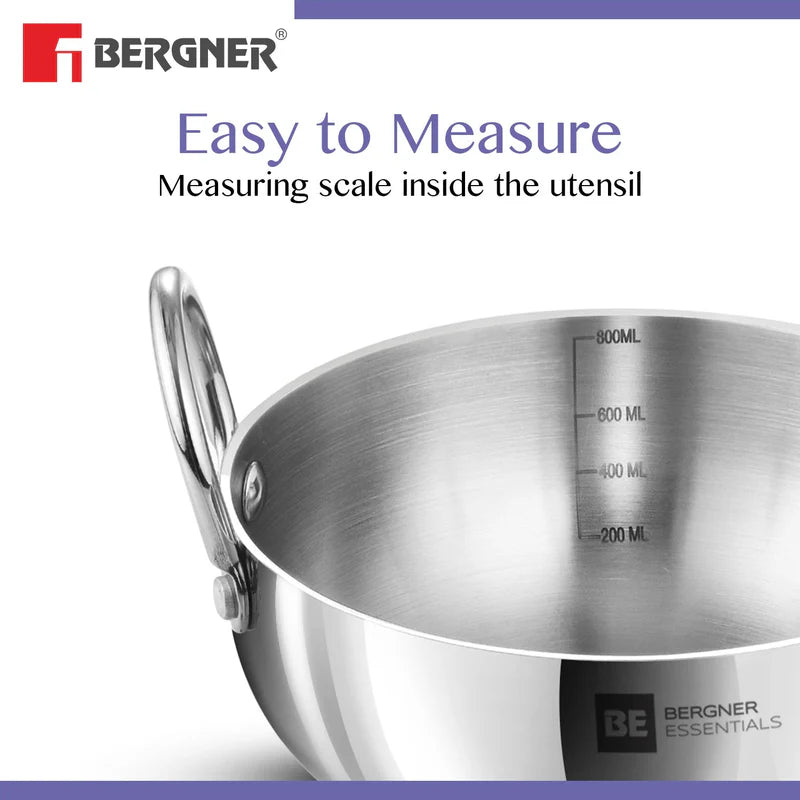 BE Essentials Tri-Ply Stainless Steel Junior Kadai Set of 3 Pcs - Gas Stove Compatible