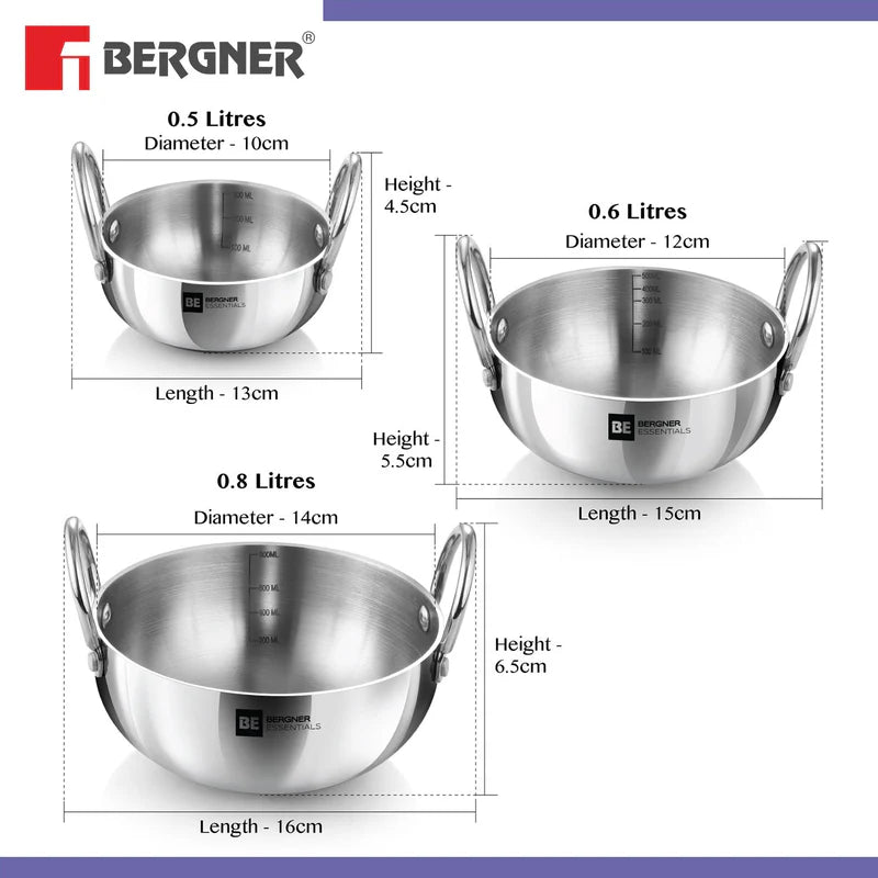 BE Essentials Tri-Ply Stainless Steel Junior Kadai Set of 3 Pcs - Gas Stove Compatible