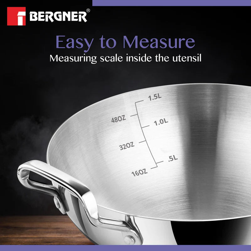 BE Essentials Tri-Ply Stainless Steel Extra Deep Kadai - Gas Stove Compatible 20cm 1.5L
