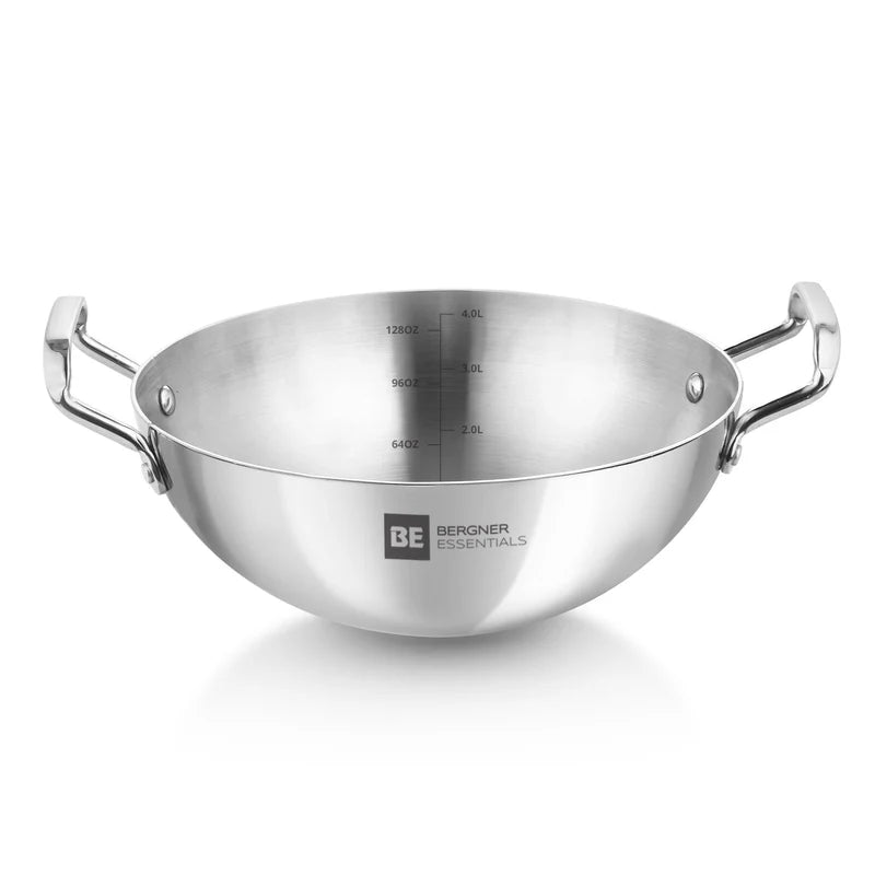 BE Essentials Tri-Ply Stainless Steel Extra Deep Kadai - Gas Stove Compatible 28cm 4L