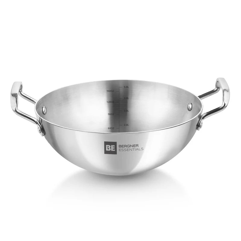 BE Essentials Tri-Ply Stainless Steel Extra Deep Kadai - Gas Stove Compatible 30cm 5L