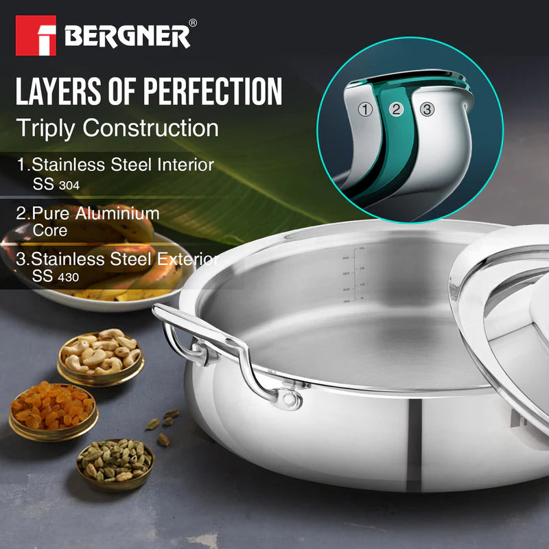 Argent Samsara Tri-Ply Stainless Steel 28 cm (4.25 L) Biryani Handi - Induction Bottom