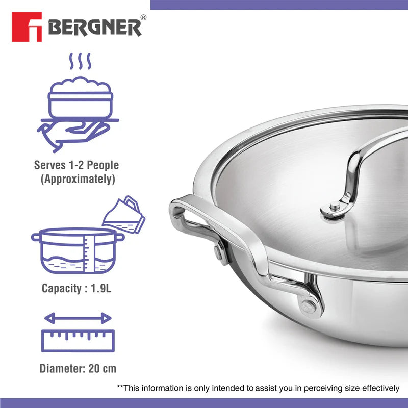 BE Essentials Tri-Ply Stainless Steel Kadai 20cm 1.9L