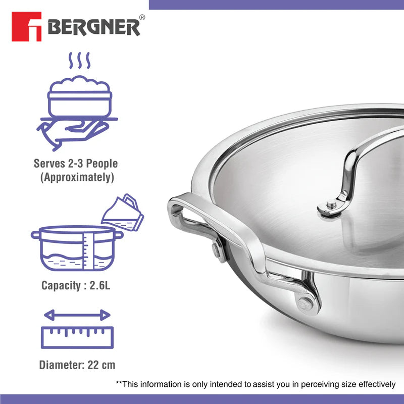 BE Essentials Tri-Ply Stainless Steel Kadai 24cm 3L