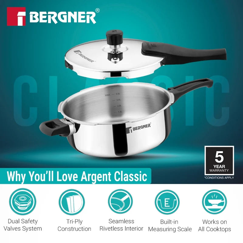 Argent Classic Triply Outer Lid Pressure Pan 5.0L - Induction Bottom