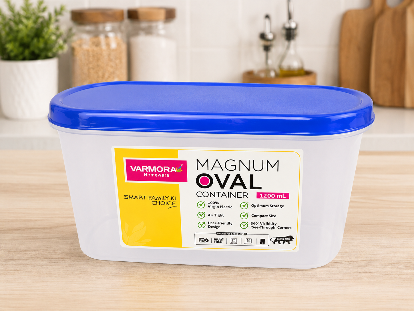 Varmora Magnum Oval Plastic Food Storage Container 1200ml | BPA Free | Airtight Kitchen Storage