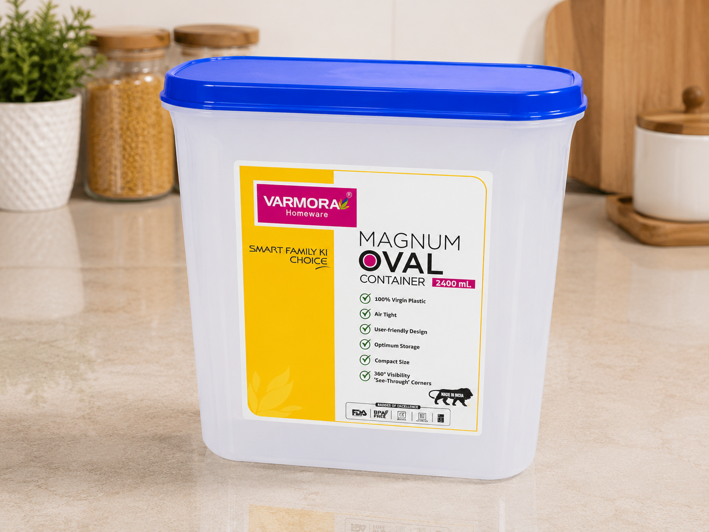 Varmora Magnum Oval Plastic Food Storage Container 2400ml | BPA Free | Airtight Kitchen Storage