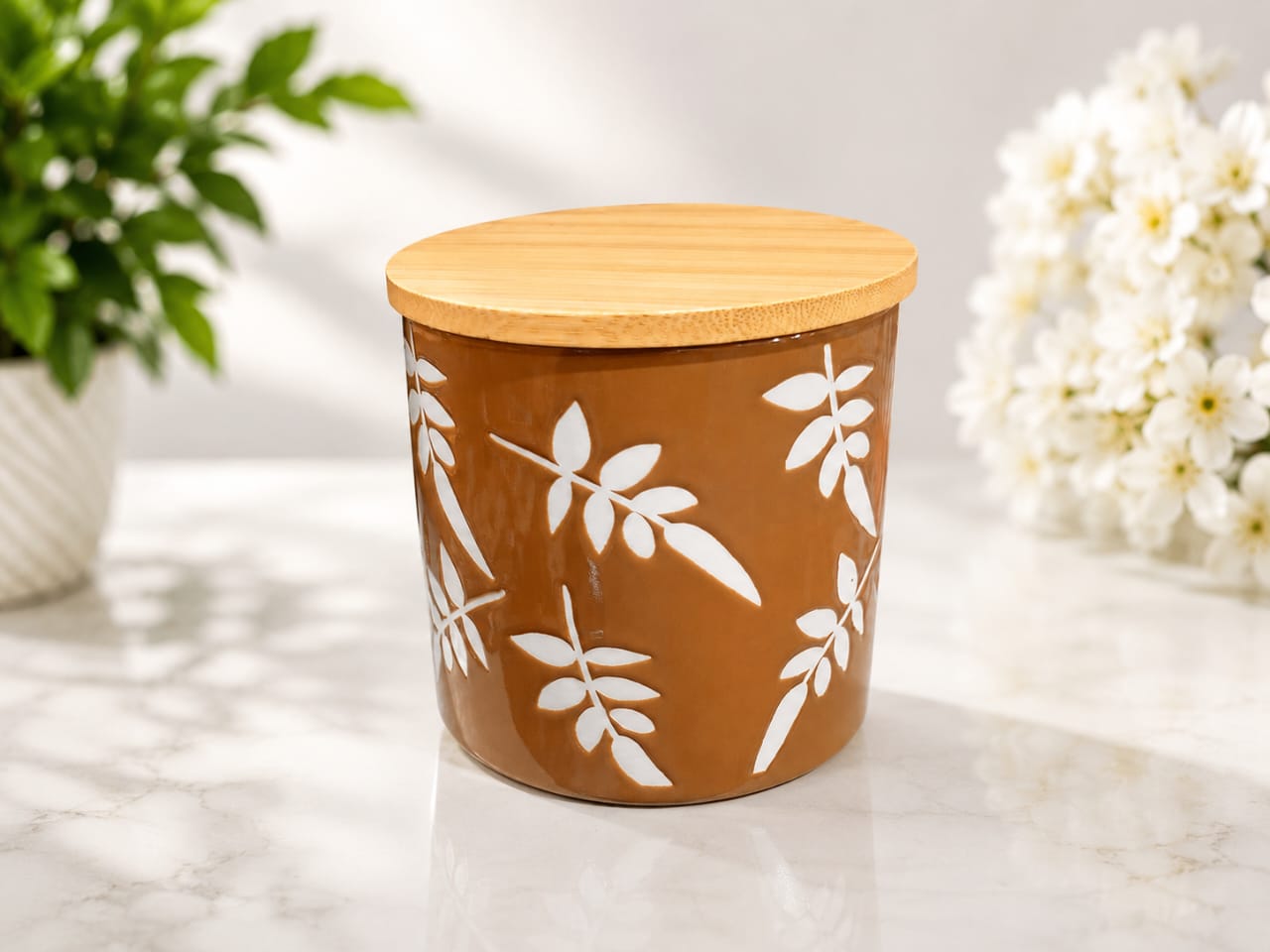 Terracotta Whisper Leaves Ceramic Storage Jar
