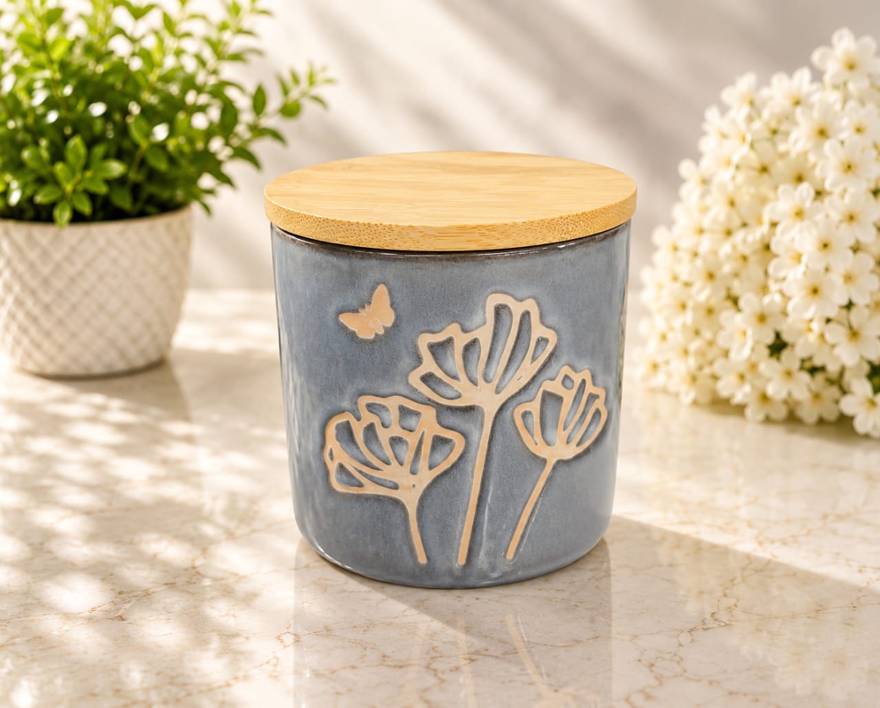 Blush Bloom Embossed Flower Ceramic Storage Jar
