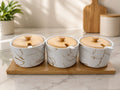 Ivory Marble Round Ceramic Pickle Jar Set of 3 with Bamboo Knob Lids