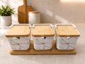 Ivory Marble Square Ceramic Pickle Jar Set of 3 with Wooden Lids