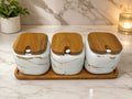 Ivory Marble Handle Ceramic Pickle Jar Set of 3 with Bamboo Square Lids