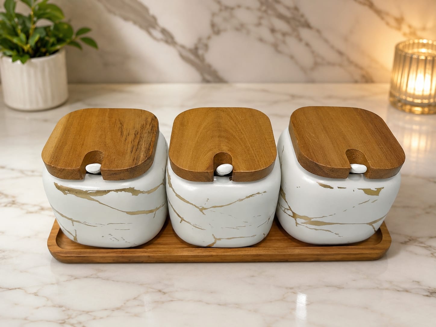 Ivory Marble Handle Ceramic Pickle Jar Set of 3 with Bamboo Square Lids