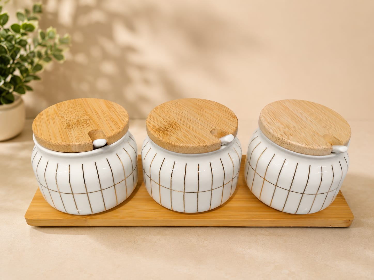 Golden Grid Ceramic Pickle Jar Set of 3 with Bamboo Lids