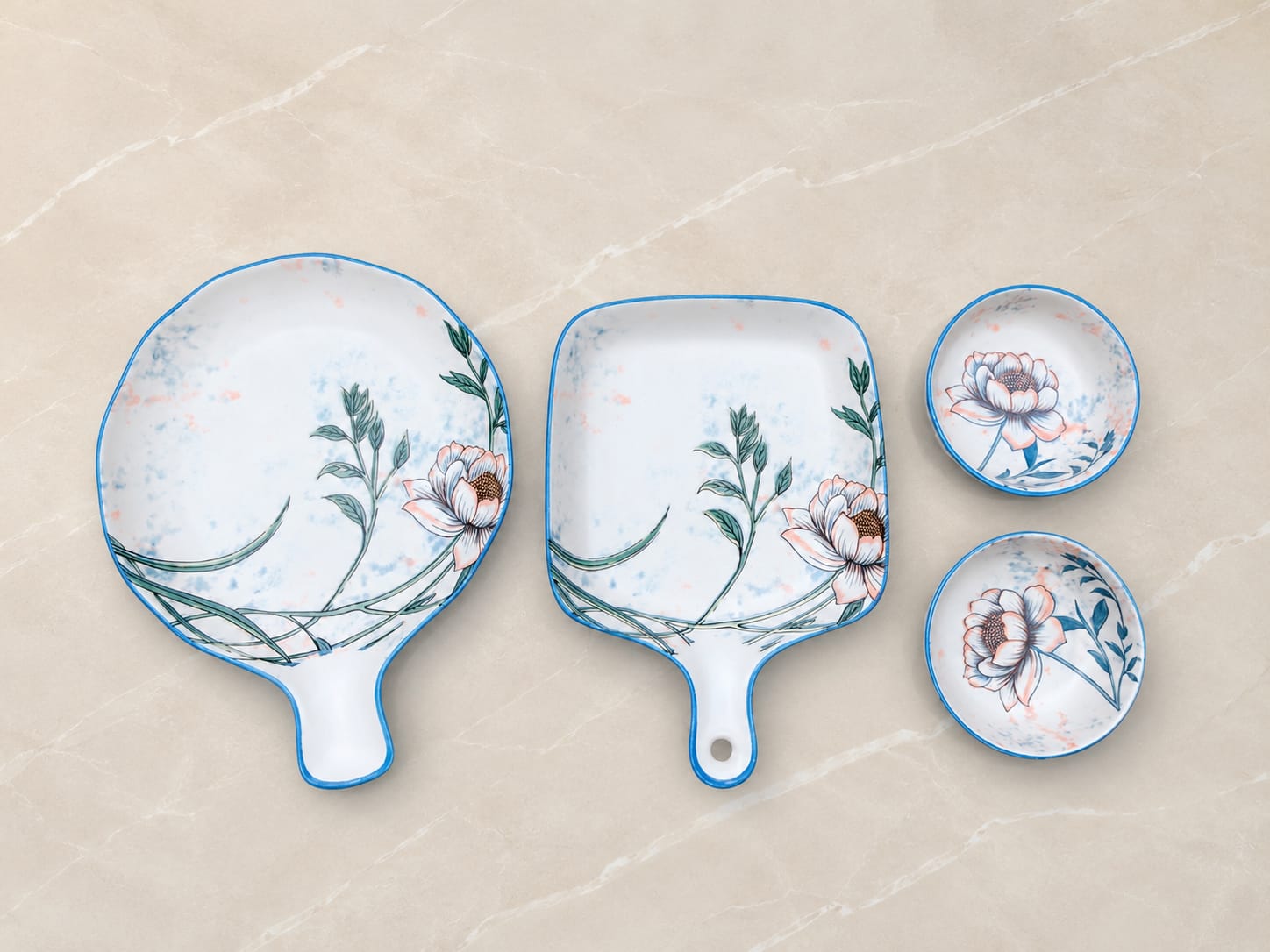 Blue Lotus Ceramic Platter Set of 4