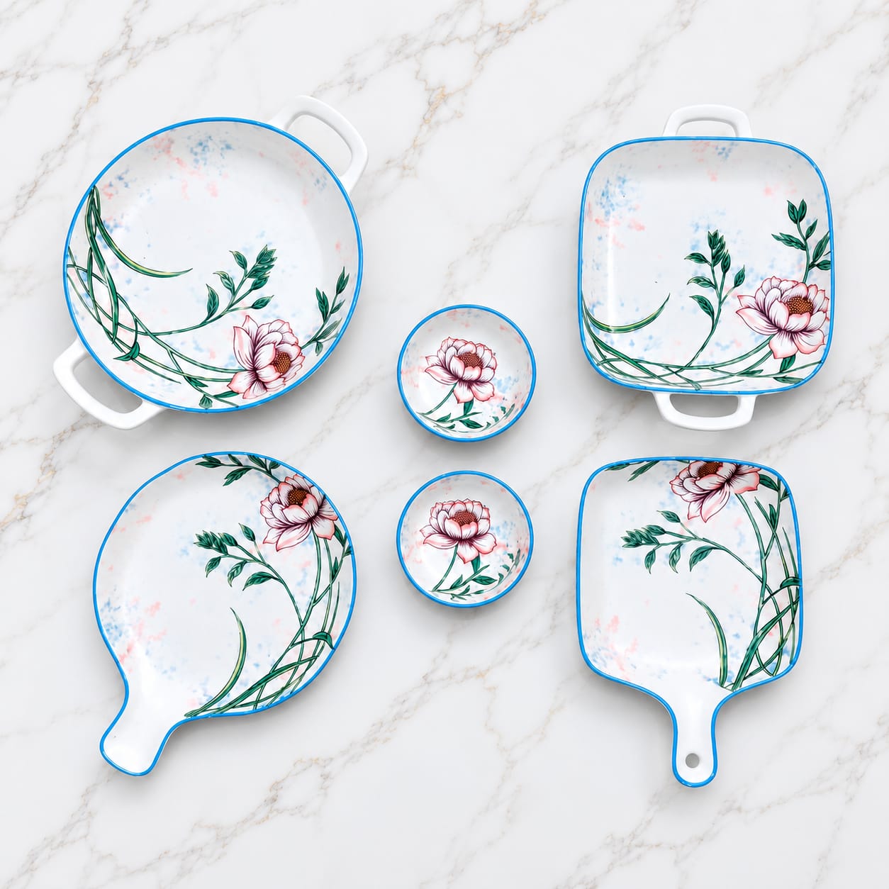 Blue Peony Floral 6-Piece Ceramic Serving Platter Set