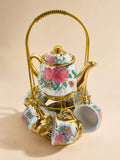 Vintage Floral Rose Porcelain Tea Set with Gold Stand – 13 Piece Set (Teapot + 6 Cups + 6 Saucer)