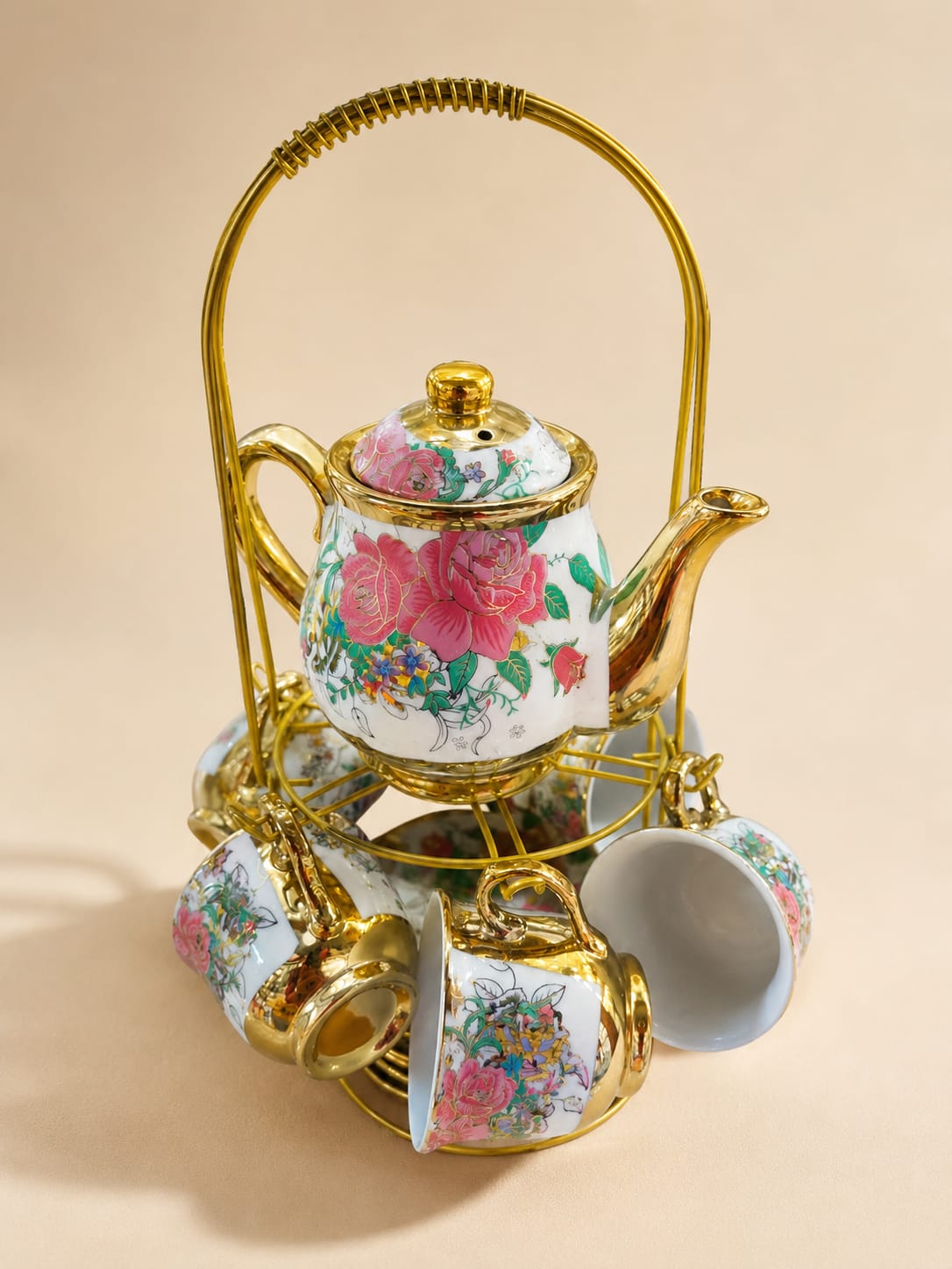 Vintage Floral Rose Porcelain Tea Set with Gold Stand – 13 Piece Set (Teapot + 6 Cups + 6 Saucer)
