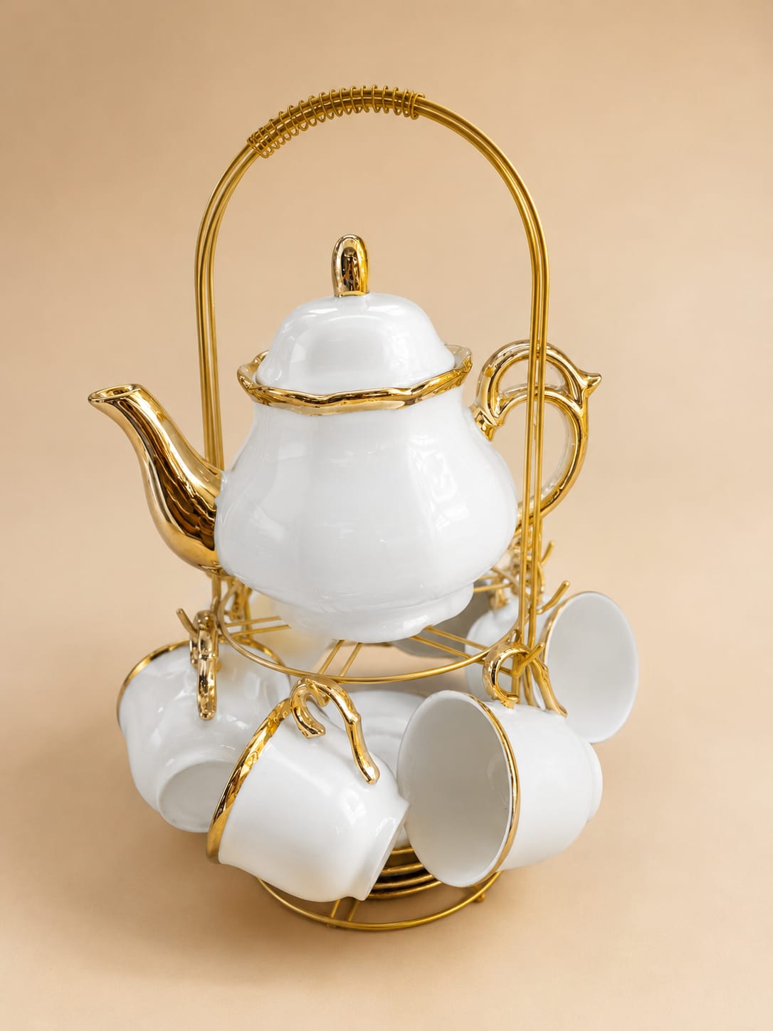 Elegant White & Gold Porcelain Tea Set with Stand – 13 Piece Set (Teapot + 6 Cups+ 6 Saucers)